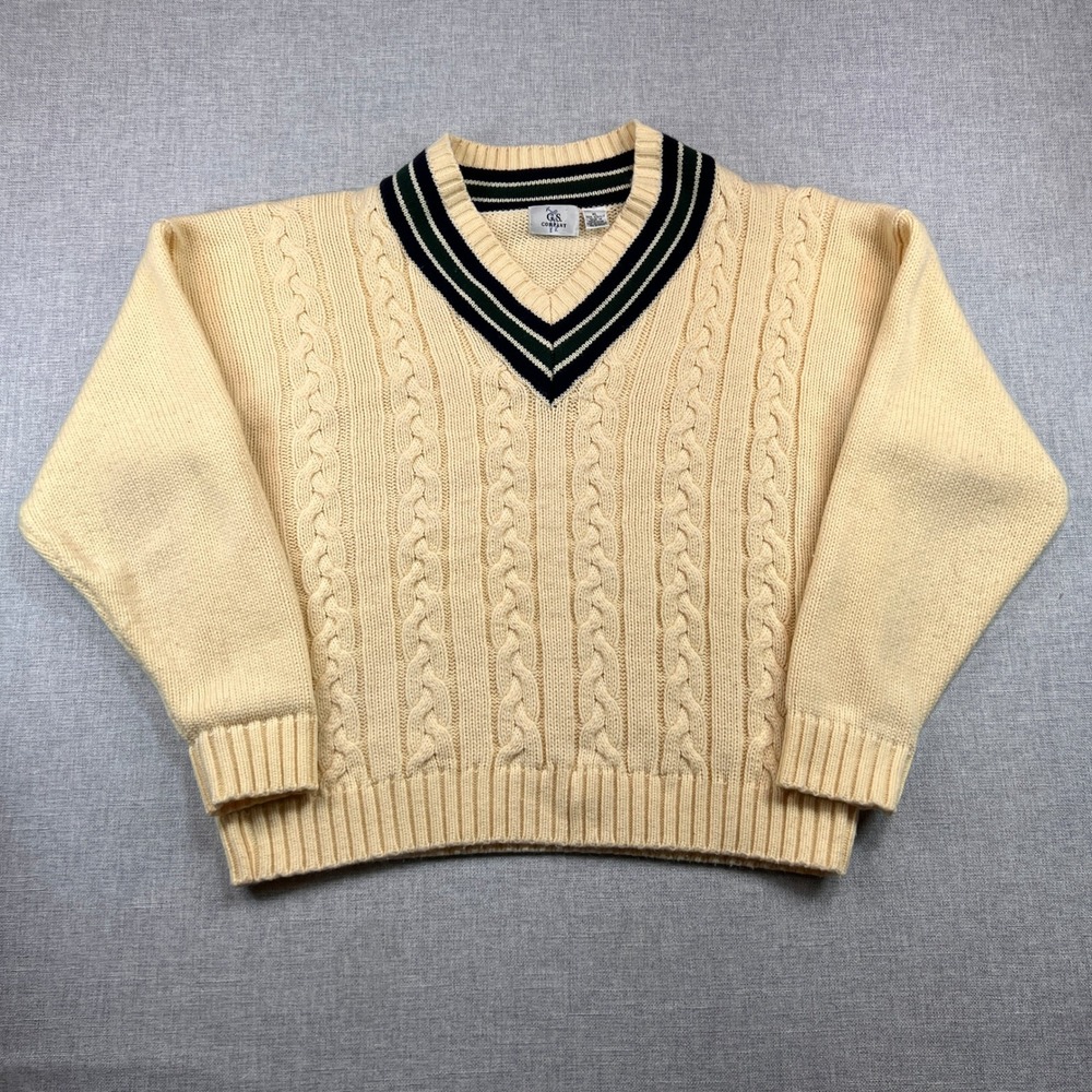 VTG 90s GS Company Cable Knit Cricket Tennis Sweater Men XL Cream Ivy Preppy